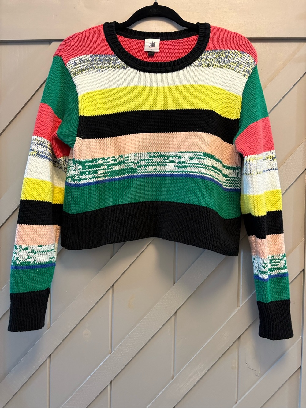 CAbi Multicolor Striped Crewneck Sweater - Black, Green, Pink, Yellow, Cream.